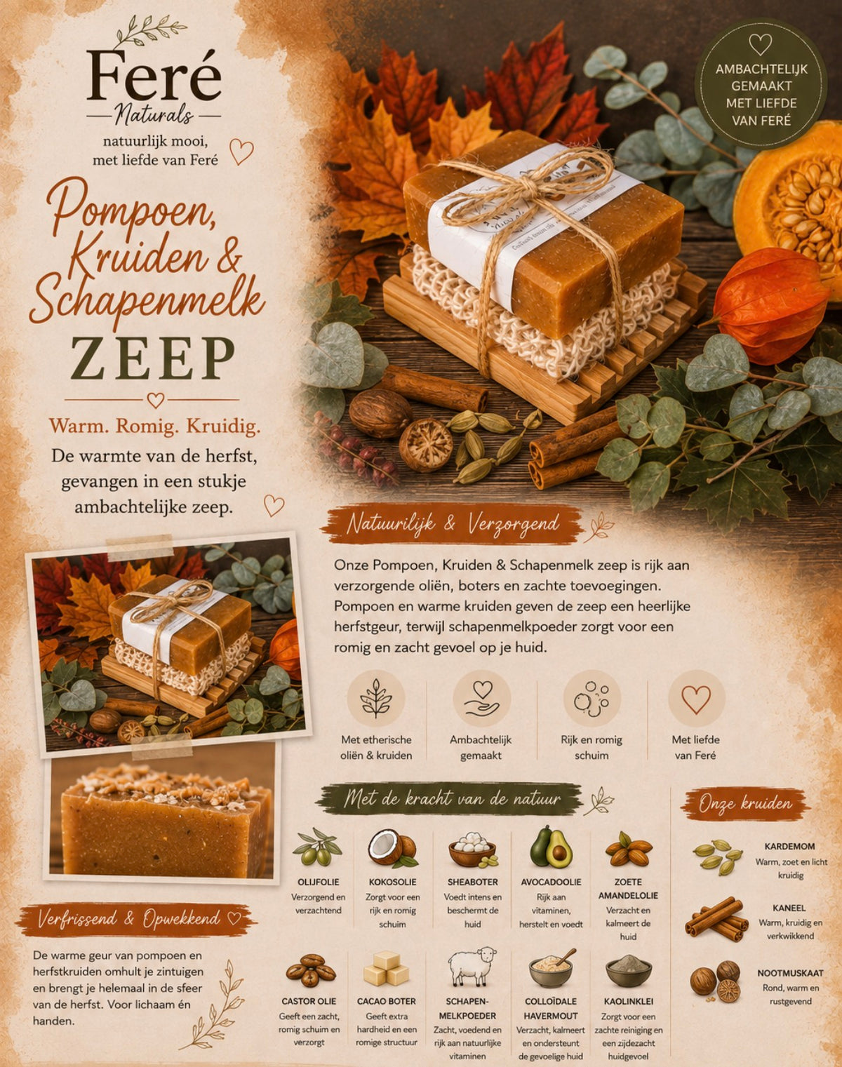 Pompoen, Kruiden & Schapenmelk Zeep 🎃🍂
Warm • Romig • Kruidig